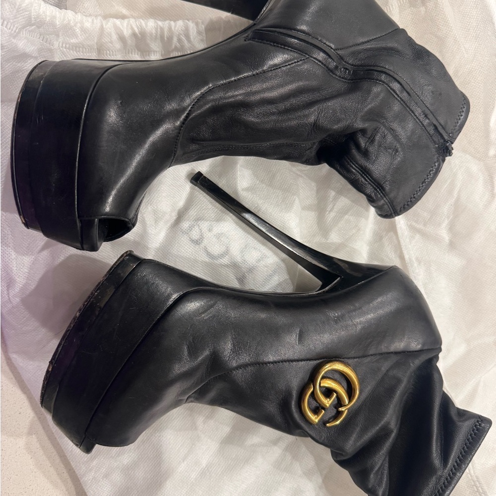 Gucci Black Leather Peep-Toe Heeled Boots